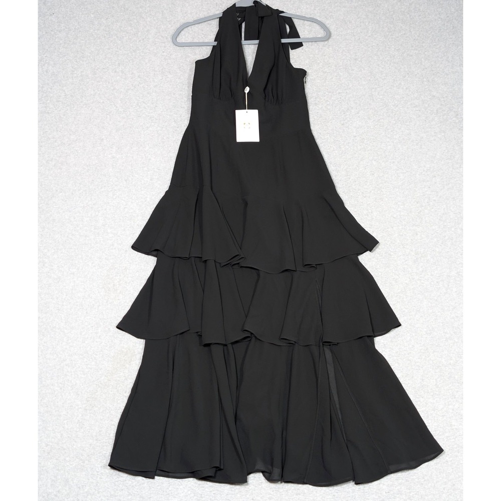 WAYF Hampton Cocktail Maxi Dress Size 8 Tiered Ruffles Slit Front Tie Strap New